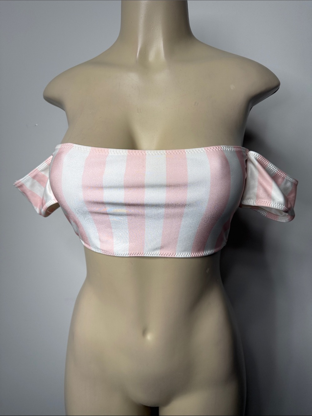 Tiger Mist Pink and White Striped Off-Shoulder Bikini Top
